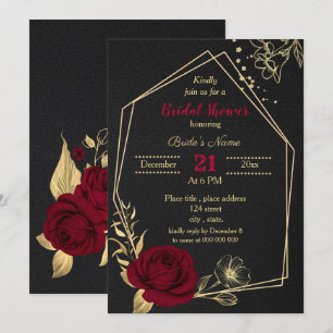 Invitation douche à nuptiale noire à fleurs d'or bordeaux