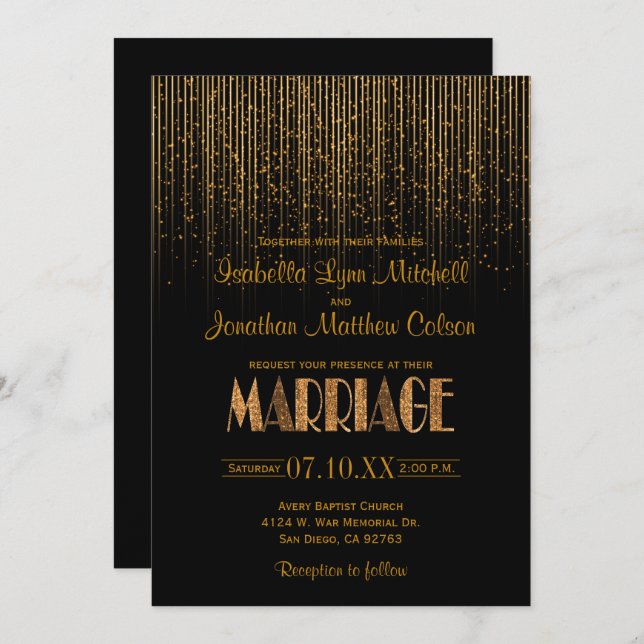 Invitation Douche à plume Gold Star en cuivre et Mariage noir (Devant / Derrière)