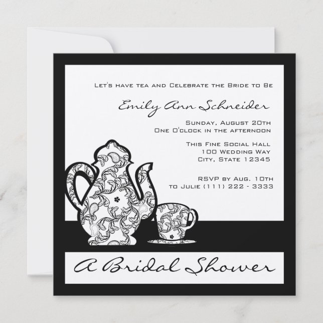 Invitation Douche à thé nuptiale noire et argent (Devant)