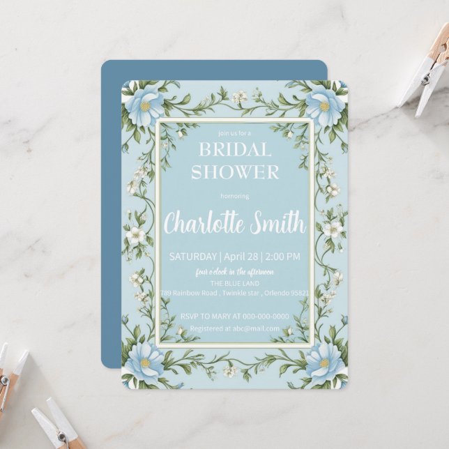 Invitation Douche antique de mariée bleu et blanc Chinoiserie (Devant/Arrière en situation)