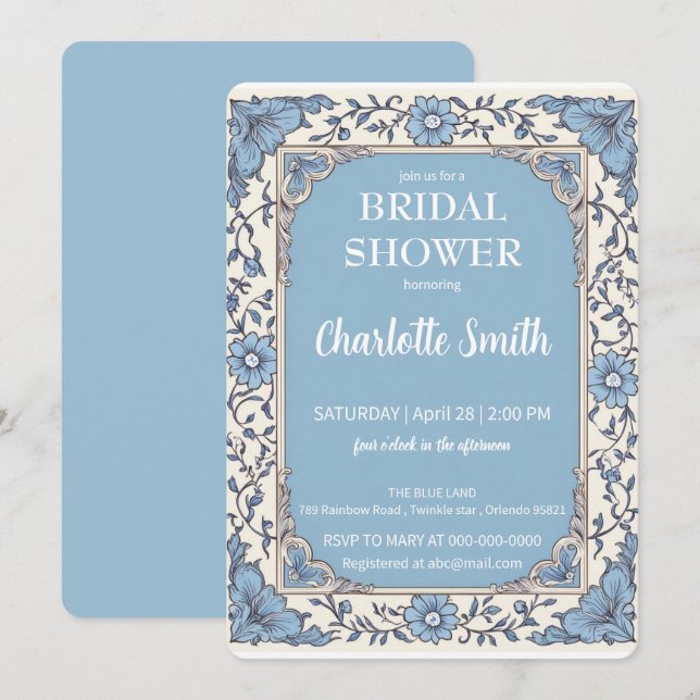 Invitation Douche antique de mariée bleu et blanc Chinoiserie (Devant / Derrière)