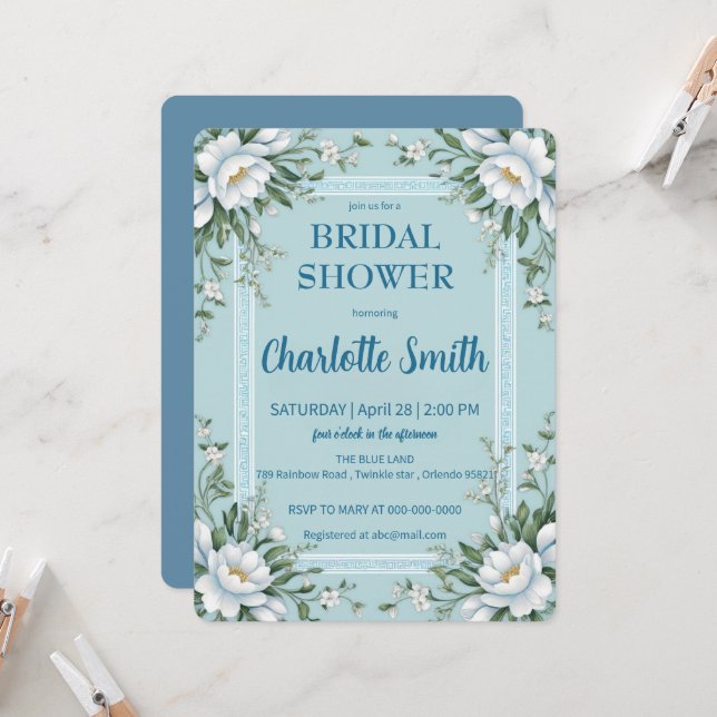 Invitation Douche antique de mariée bleu et blanc Chinoiserie (Devant/Arrière en situation)