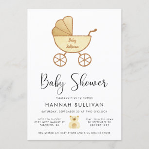 Invitation Douche Aquarelle Retro Carriage Jaune Or