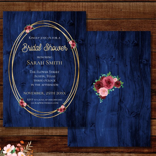 Invitation Douche aquarelle ronde bleue rustique Bourgogne (Créateur téléchargé)