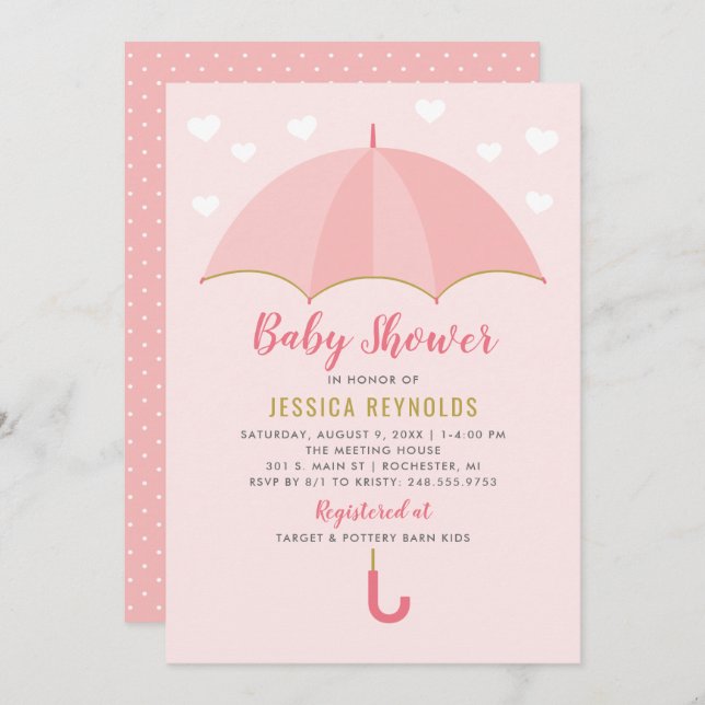 Invitation Douche Avec Amour Baby shower Parapluie Rose Bleu (Devant / Derrière)