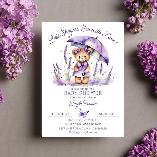Invitation Douche avec amour ourson mignon shower pour bébé (Shower with love cute teddy bear purple dress umbrella baby shower template invitation digital downl)