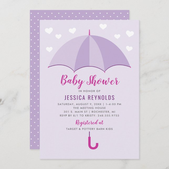 Invitation Douche avec Baby shower parapluie mauve Amour (Devant / Derrière)