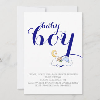 Invitation Douche bébé dormant bleu marine, texte blanc