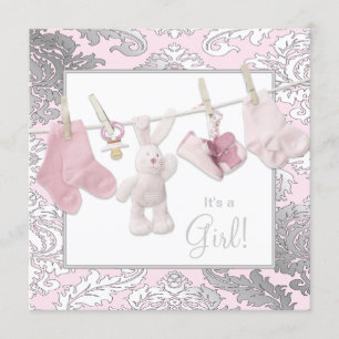 Invitation Douche bébé fille rose Clothesline