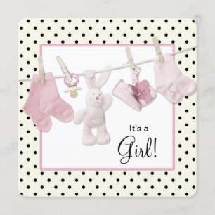 Invitation Douche bébé fille rose Clothesline