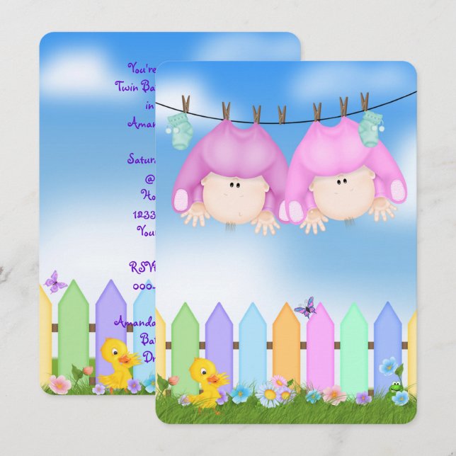 Invitation Douche bébé jumelle fille (Devant / Derrière)