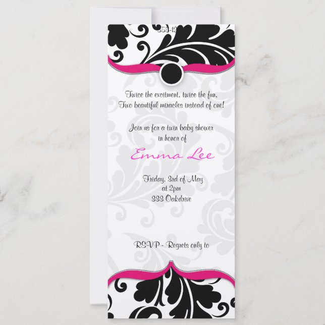 Invitation Douche bébé jumelle noire et blanche Damask avec r (Devant)