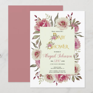 Invitation Douche bébé rose poussiéreux fleurs d'aquarelle fi