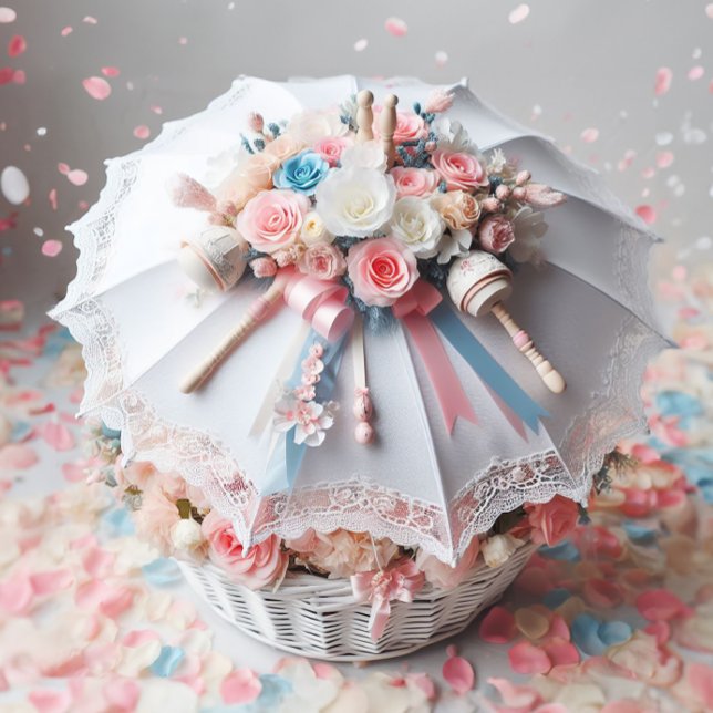 INVITATION DOUCHE BLANCHE CLASSÉE FLEURS EN PARAPLUIE, BABY R (Créateur téléchargé)