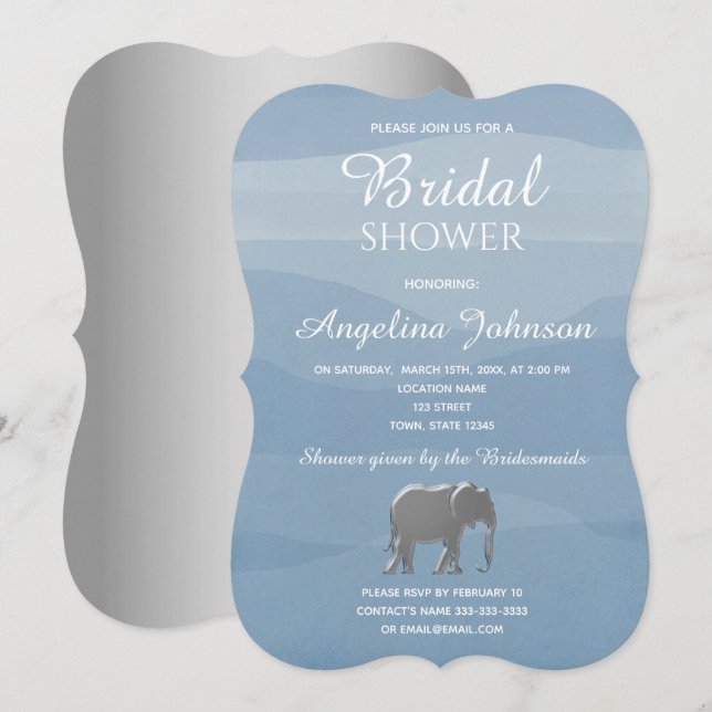 Invitation Douche Bleue et Éléphant en Feuille d'Argent pour  (Devant / Derrière)