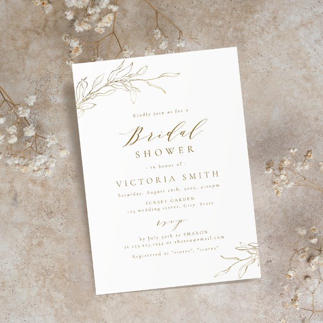 Invitation Douche botanique rustique or simple (Gold simple elegant botanical rustic bridal shower invitation)