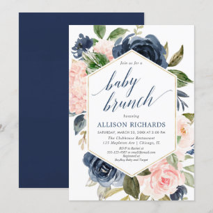 Invitation Douche brunch pour bébé rose et bleu marine