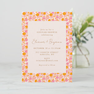 Invitation Douche Couple Bohème Rose Orange Floral Rétro Gras