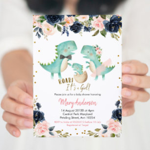Invitation Douche Couple Dinosaur Rose Girl