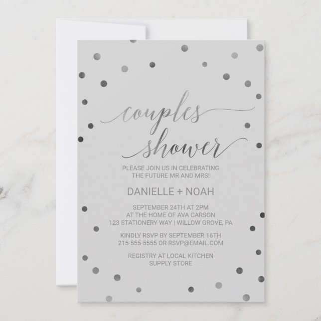 Invitation Douche Couples Pois Argent (Devant)