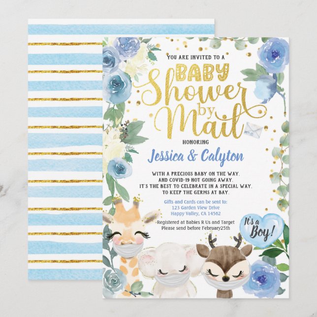 Invitation Douche Covid Boy Par Mail Pandemic Woodland Animal (Devant / Derrière)