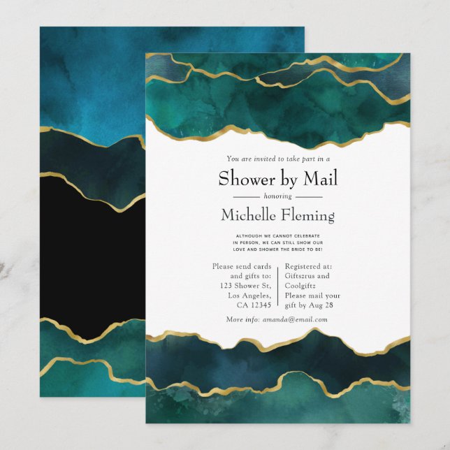 Invitation Douche d'agate turquoise et Faux Gold Foil par cou (Devant / Derrière)