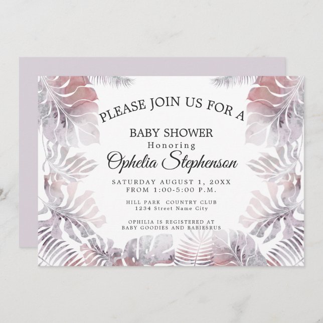 Invitation Douche d'aquarelle moderne Rose rose mauve (Devant / Derrière)