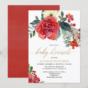 Invitation Douche d'aquarelle rouge florale pour bébé brunch 