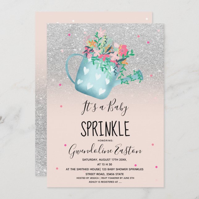 Invitation Douche d'arrosage fleurie en argent pour bébé (Devant / Derrière)