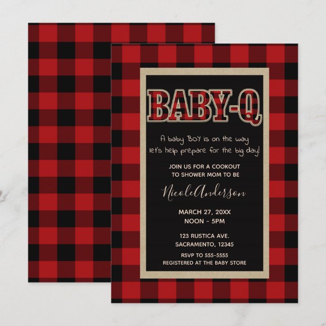 Invitation Douche de BBQ BÉBÉ Q à carreaux de buffle rouge de (Devant / Derrière)