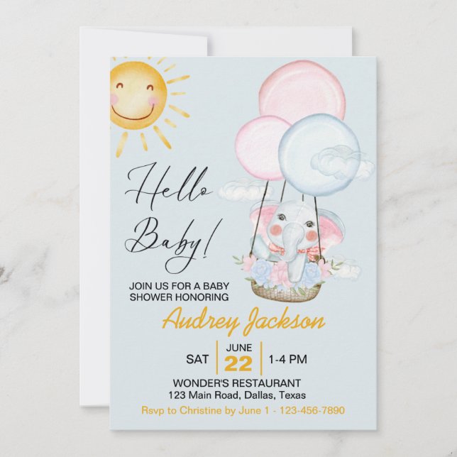 Invitation Douche de bébé éléphant rose et bleu mignon (Devant)