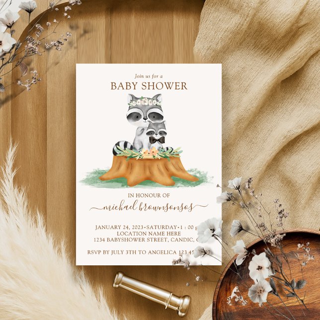 Invitation Douche de bébé garçon maman aquarelle Raton laveur (Créateur téléchargé)