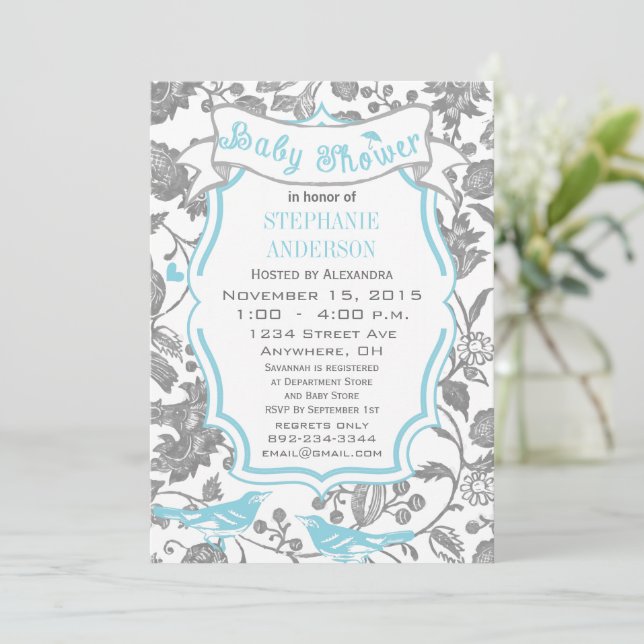 Invitation Douche de bébé garçon moderne avec un motif d'oise (Debout devant)