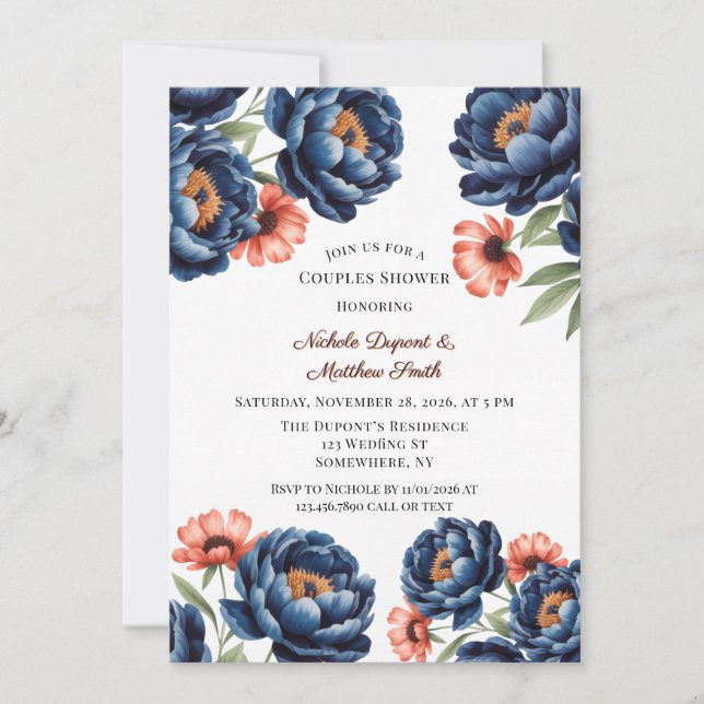 Invitation Douche de Couple aux Fleurs Bleu Marine et Orange  (Devant)
