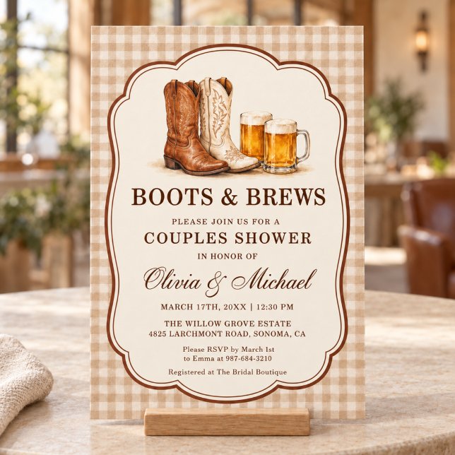 Invitation Douche de couple Boots & Brews Gingham (Créateur téléchargé)