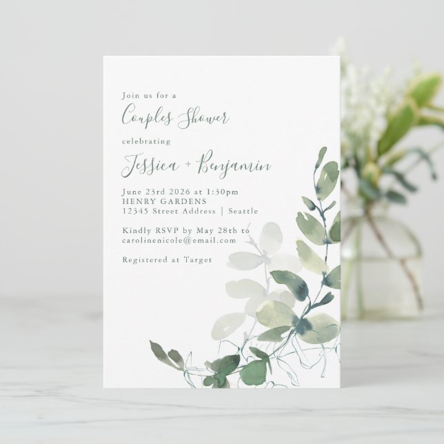 Invitation Douche de Couple Botanique Rustique Eucalyptus (Debout devant)