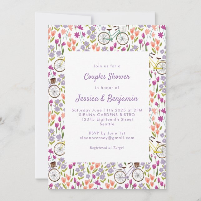 Invitation Douche de Couple Chic Écriture Florale Vélo Bohème (Devant)