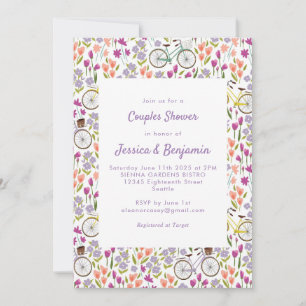 Invitation Douche de Couple Chic Écriture Florale Vélo Bohème