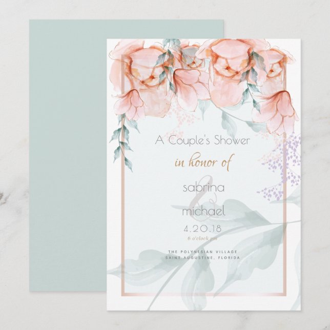 Invitation Douche de couple | Coral tendance Aquarelle Peonie (Devant / Derrière)