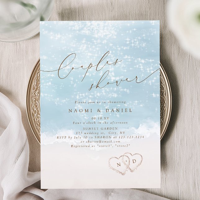 Invitation Douche de couple de plage coeurs de sable de scrip (Modern Script Sand Hearts Beach Couples Shower Invitation)