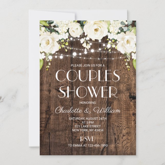 Invitation Douche de couple en bois rustique blanc floral (Devant)
