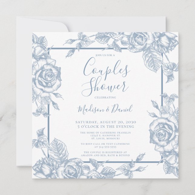 Invitation Douche de Couple Fleurie Bleu Poussiéreux (Devant)