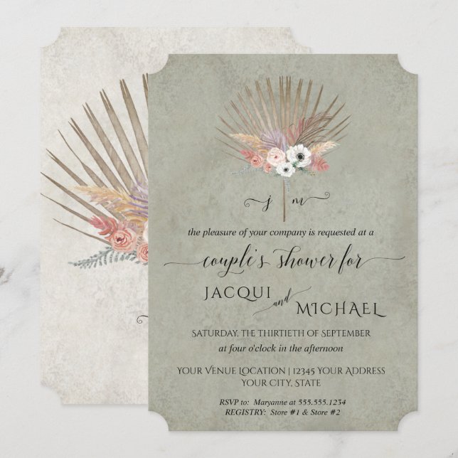 Invitation Douche de Couple Floral BOHO Sauge Verte Pampas (Devant / Derrière)