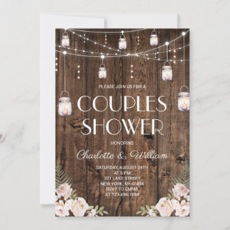 Invitation Douche de Couple Floral Bois Rustique Rose