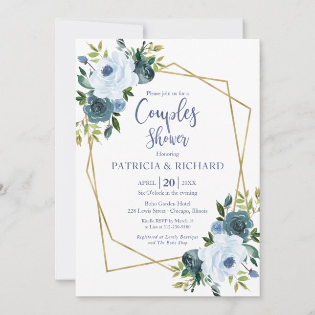 Invitation Douche de couple florale bleue poussiéreuse géomét (Devant)