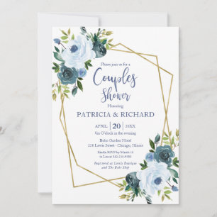 Invitation Douche de couple florale bleue poussiéreuse géomét
