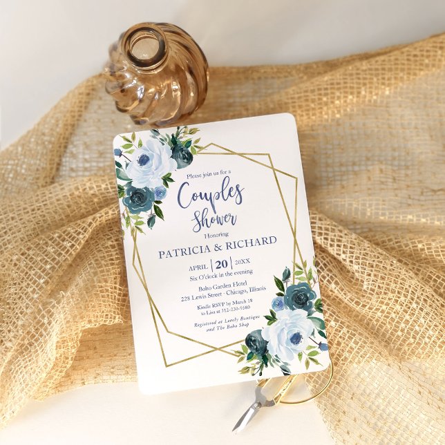 Invitation Douche de couple florale bleue poussiéreuse géomét (Créateur téléchargé)