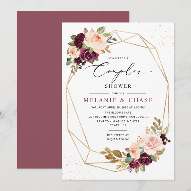 Invitation Douche de Couple Géométrique Or Bordeaux Blush (Devant / Derrière)