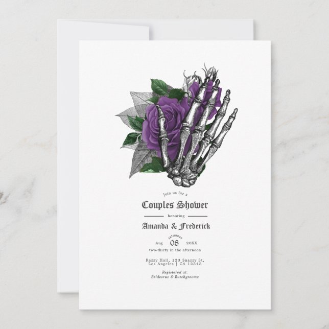 Invitation Douche de couple gothique crâne floral pourpre (Devant)