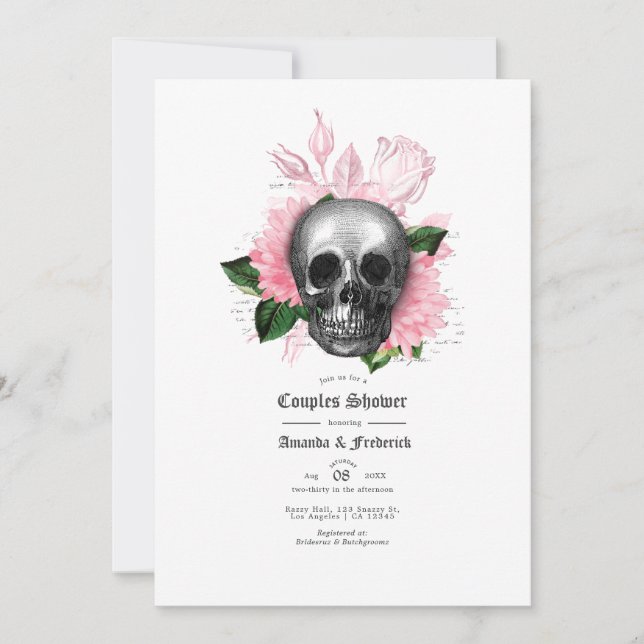 Invitation Douche de couple gothique crâne floral rose (Devant)